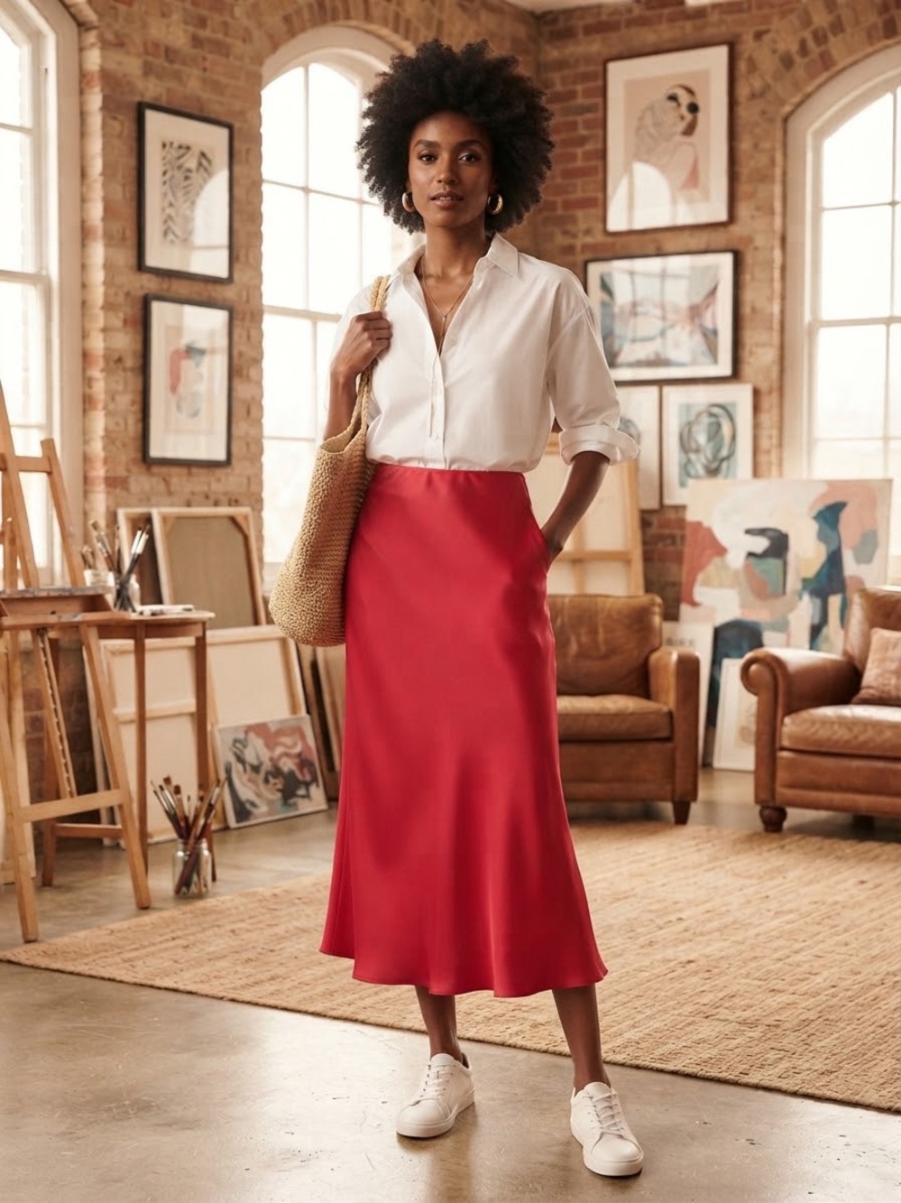 Women's Red Satin Midi Skirt - Sleek A-Line